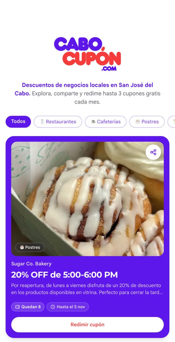 Pantalla de inicio de CaboCupón con cupones de negocios de San José del Cabo filtrados por categoría
