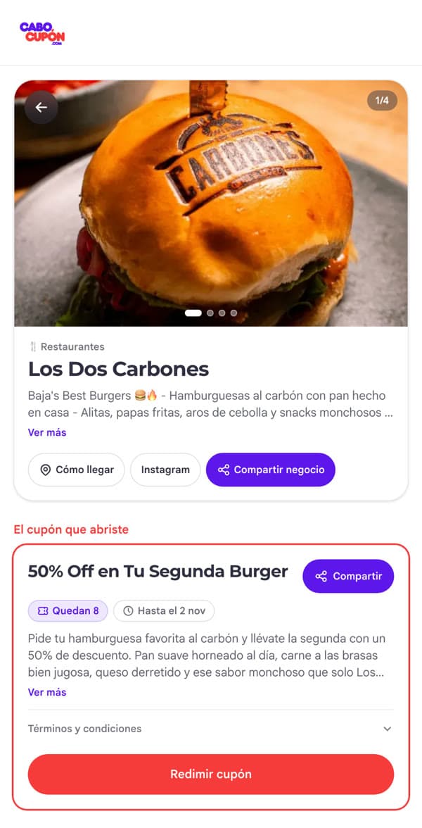 Cupón de 50% en la segunda hamburguesa de Los Dos Carbones con el botón Redimir cupón