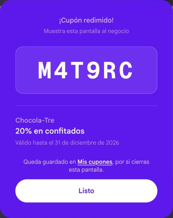 Pantalla de cupón redimido con un código de ejemplo para mostrar en el negocio